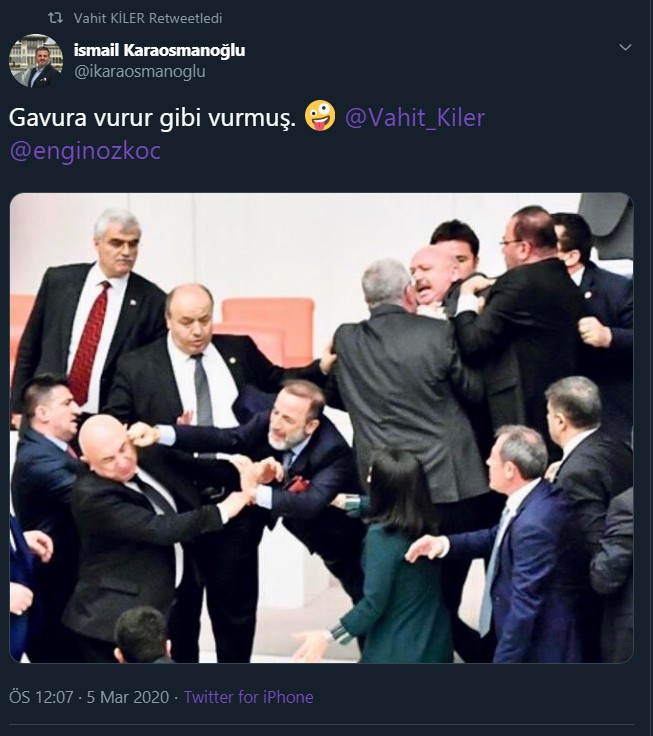 AKP’li Cumhurbaşkanı Recep Tayyip Erdoğan’ın CHP Genel Başkanı Kılıçdaroğlu'nu hedef alan sözlerine Engin Özkoç'un yanıt olarak yaptığı konuşma sonrası Meclis'te arbede yaşandı. AKP Bitlis Milletvekili Vahit Kiler'in sosyal medyadan Engin Özkoç'a dair yaptığı paylaşımlar tepkilere yol açtı.