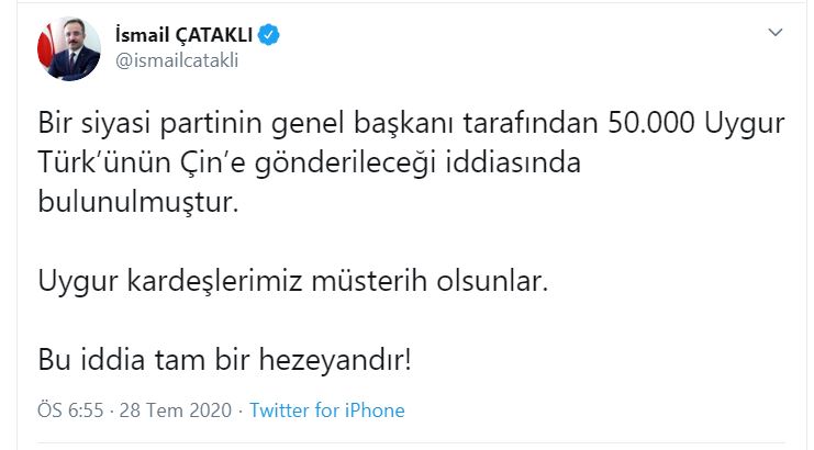 İçişleri Bakanlığı'ndan Davutoğlu’nun "50 bin Uygur Türkünün Çin’e gönderilecek" iddialarına yanıt