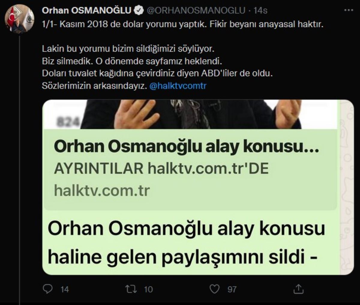 Orhan Osmanoğlu'ndan sildiği tweet hakkında açıklama