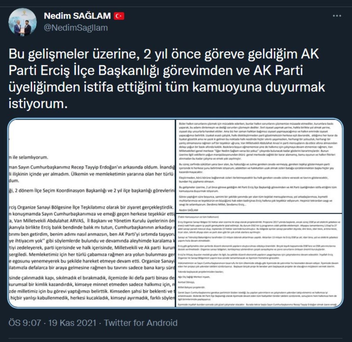 AKP'de 'Cumhurbaşkanı'na teşekkür' istifası: Ak Parti'yi ben sırtımda taşıyorum