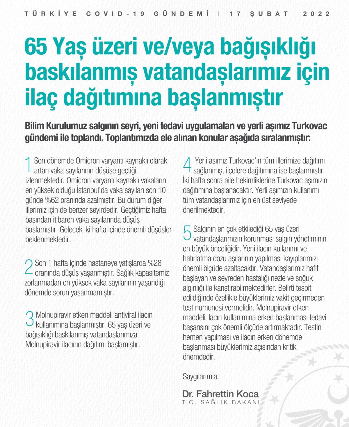 Son Dakika... Fahrettin Koca: Gelecek iki hafta içinde vaka sayılarında önemli düşüşler beklenmektedir