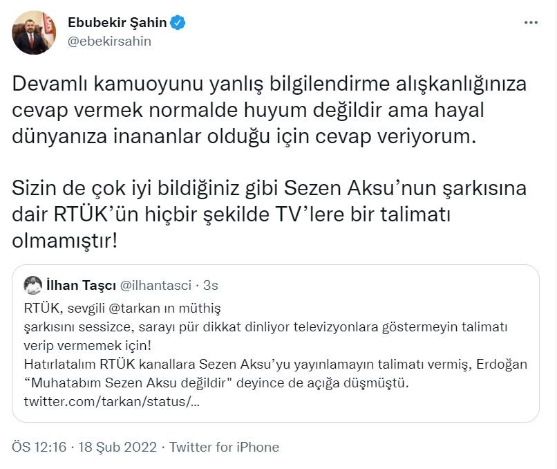 RTÜK Başkanı Ebubekir Şahin’den İlhan Taşçı'ya 'Sezen Aksu' yanıtı