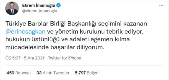 Türkiye Barolar Birliği'nin yeni başkanı Erinç Sağkan'a tebrik mesajları