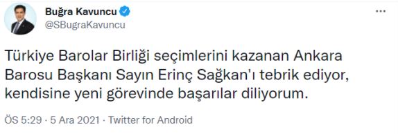 Türkiye Barolar Birliği'nin yeni başkanı Erinç Sağkan'a tebrik mesajları