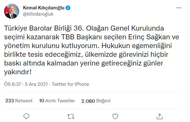 Türkiye Barolar Birliği'nin yeni başkanı Erinç Sağkan'a tebrik mesajları