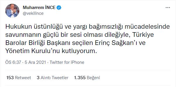 Türkiye Barolar Birliği'nin yeni başkanı Erinç Sağkan'a tebrik mesajları