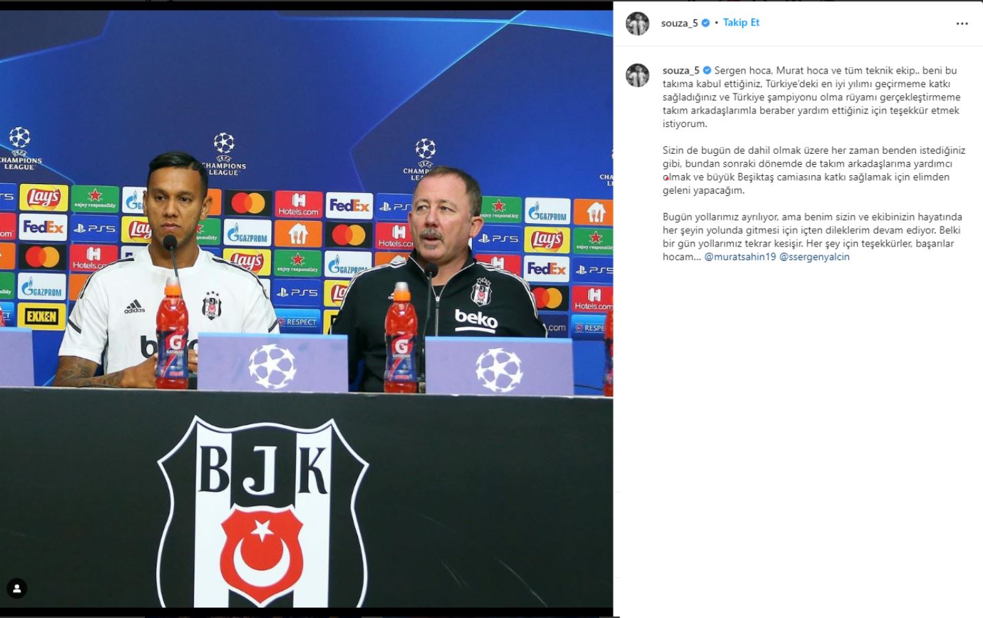 Beşiktaşlı futbolcular Sergen Yalçın'ın ayrılığı sonrası paylaşımda bulundular