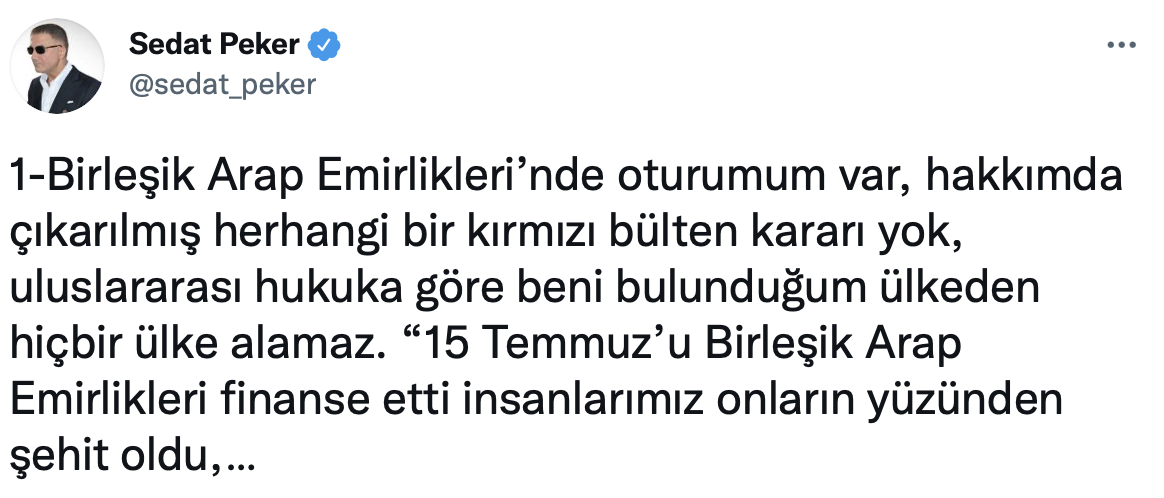 BAE'de bulunan Sedat Peker'den "Kırmızı bülten" çıkışı