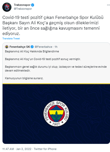 TFF ve kulüplerden Fenerbahçe'ye geçmiş olsun mesajı