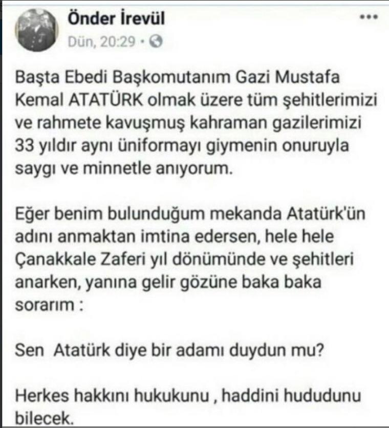 Atatürk'ün adı anılmayınca tepki gösteren Albay Önder İrevül'den yeni paylaşım