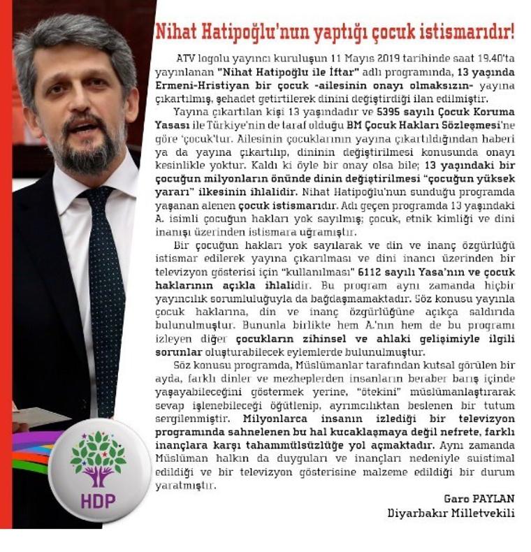 Garo Paylan'dan RTÜK'e Nihat Hatipoğlu şikayeti: Çocuk istismarıdır!