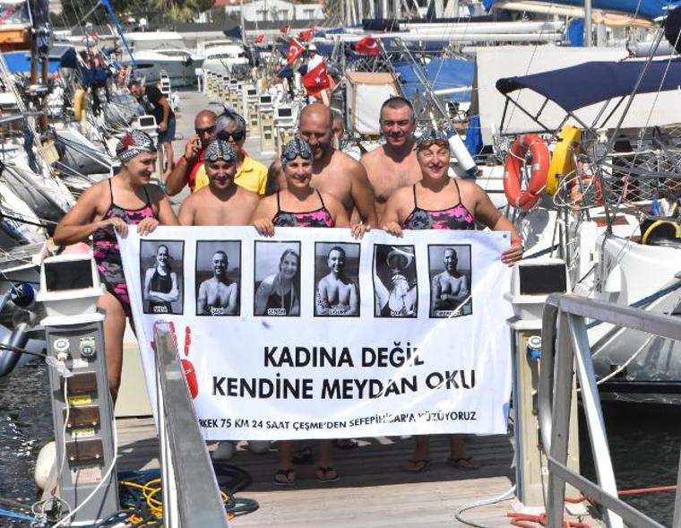 Kadına şiddete karşı 24 saat yüzdüler