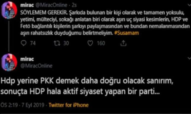 Susamam'daki rapçi Mirac'a tweet tepkisi