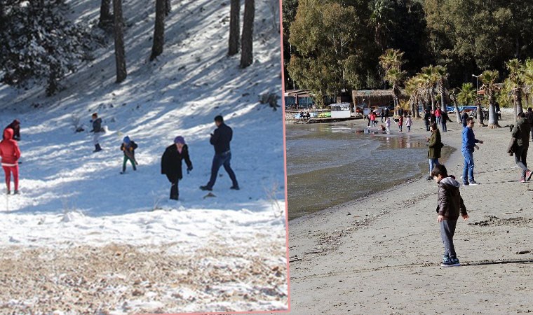 Muğla'da yarım saat arayla kar ve sahil keyfi