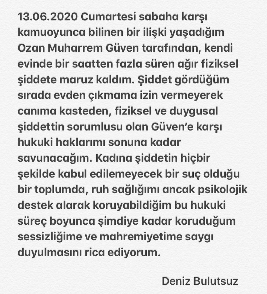 Deniz Bulutsuz'dan 'darp' iddiası: Bir saatten fazla süren ağır fiziksel şiddete maruz kaldım