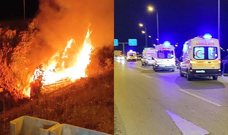 Sıkıştırılan ambulans şarampole yuvarlanarak yandı