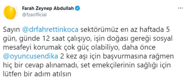 Farah Zeynep Abdullah'tan Sağlık Bakanı Fahrettin Koca'ya aşı çağrısı