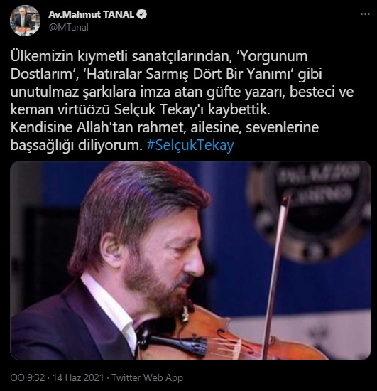 Keman virtüözü Selçuk Tekay'a ünlü isimlerden veda