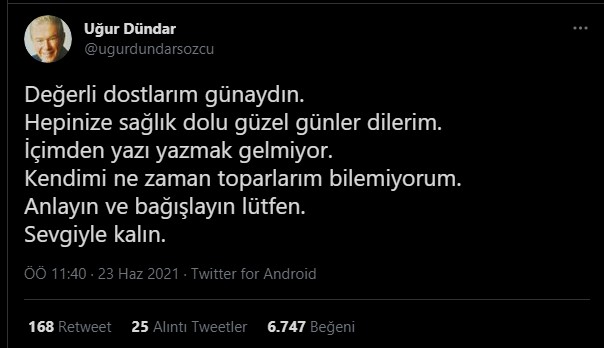 Uğur Dündar yazılarına ara verdi