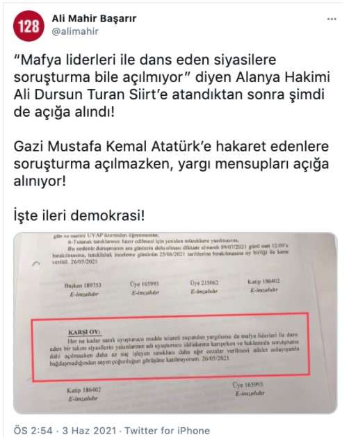 'Mafya ile dans eden siyasilere soruşturma bile açılmıyor' diyen hakim hakkında karar - Resim : 2