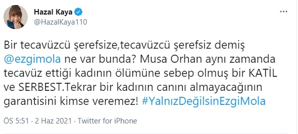 <p>Olayın ardından sosyal medyada <strong>'#EzgiMolaYalnızDeğildir</strong>' etiketiyle başlatılan kampanyada Mola'ya destek mesajları yağdı. Aralarında siyasetçiler, müzisyenler, oyuncuların da olduğu sosyal medya kullanıcıları paylaştıkları gönderilerle Mola'ya destek oldu.</p>