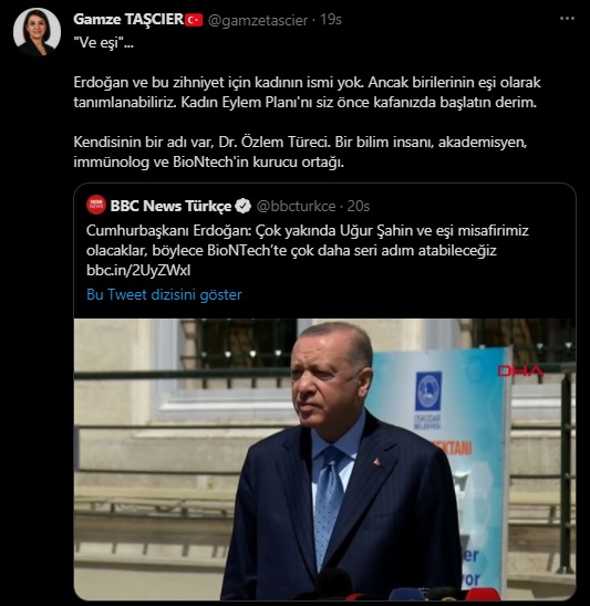 Bilim insanı Özlem Türeci'yi, 'Uğur Bey'in eşi' olarak niteleyen Erdoğan'a tepki yağdı