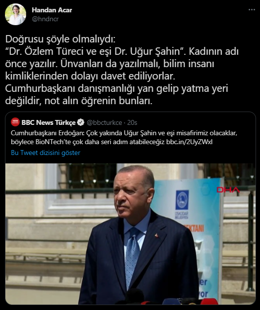 Bilim insanı Özlem Türeci'yi, 'Uğur Bey'in eşi' olarak niteleyen Erdoğan'a tepki yağdı