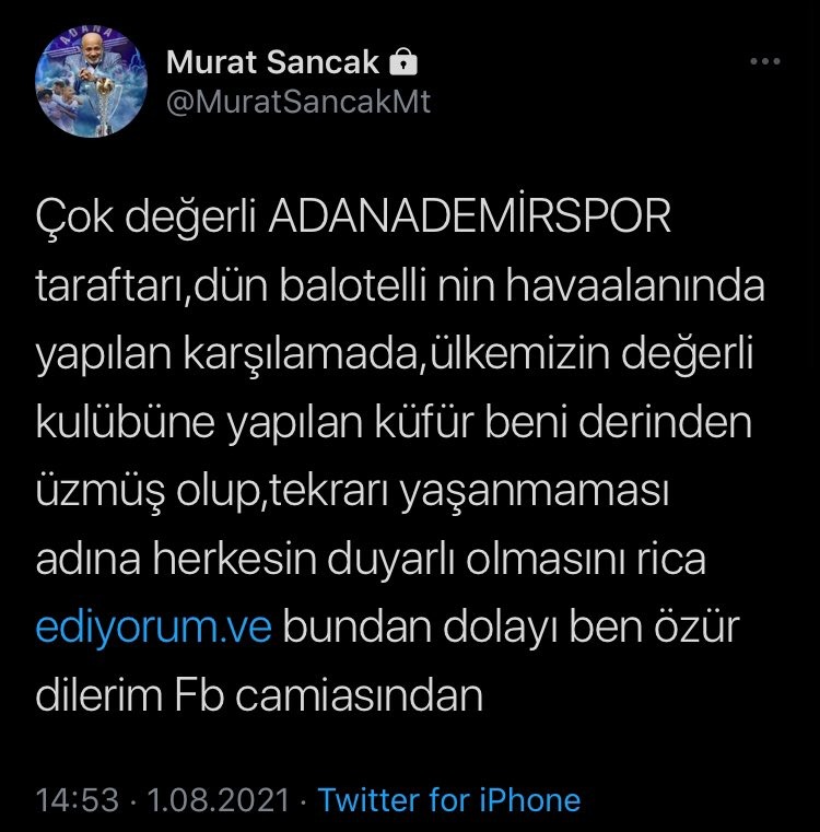 Adana Demirspor Başkanı Murat Sancak, Fenerbahçe taraftarından özür diledi