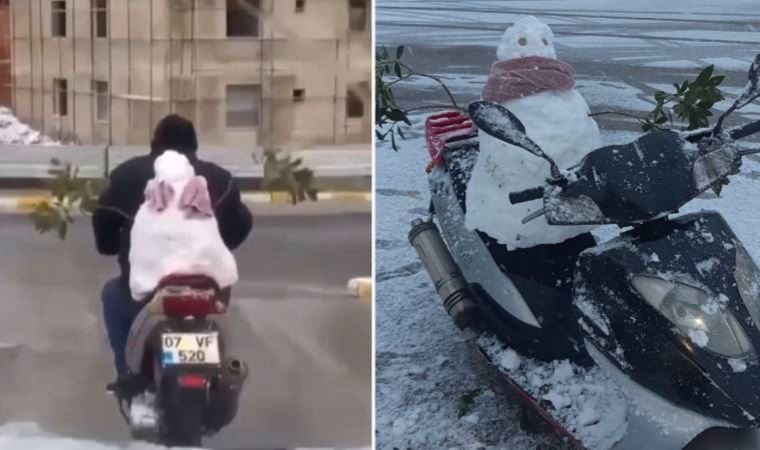 Antalya’da motosikletin arkasındaki kardan adam ile şehir turu attı