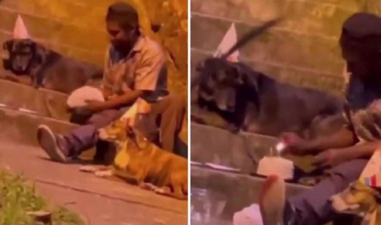 Sokakta yaşayan adam doğum gününü köpeklerle kutladı