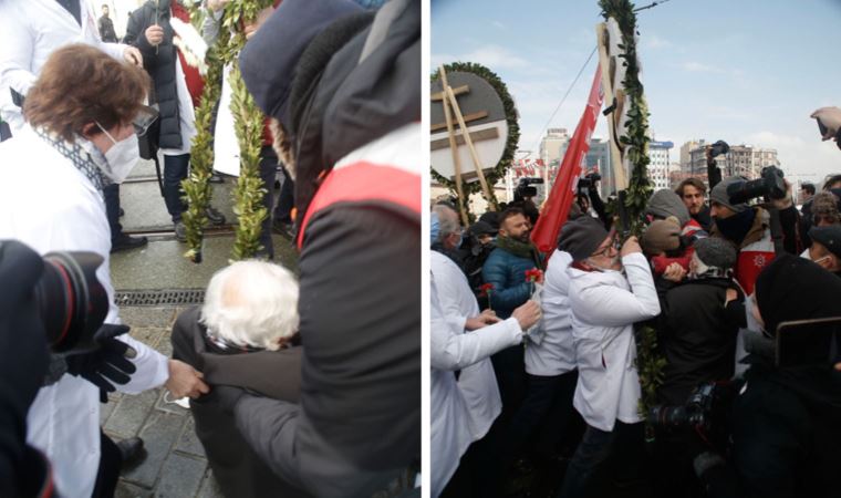 Taksim Meydanı'na çelenk bırakmak isteyen İstanbul Tabip Odası üyelerine polis müdahalesi: 'Bu ne rezilliktir ya! Utan Erdoğan!'