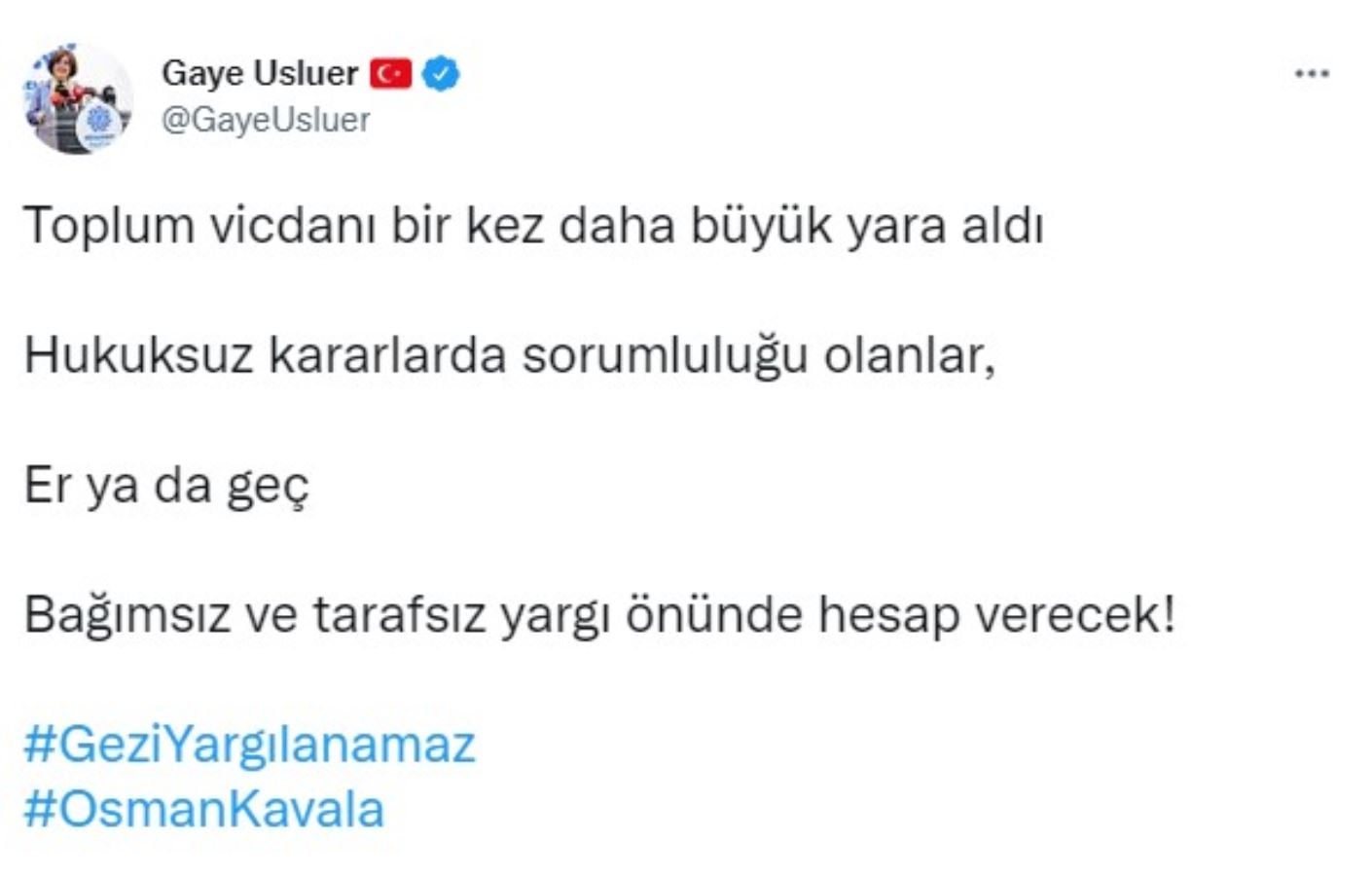 <p><strong>Memleket Partisi Genel Başkan Vekili Gaye Usluer:</strong> Toplum vicdanı bir kez daha büyük yara aldı. Hukuksuz kararlarda sorumluluğu olanlar, er ya da geç bağımsız ve tarafsız yargı önünde hesap verecek!</p>