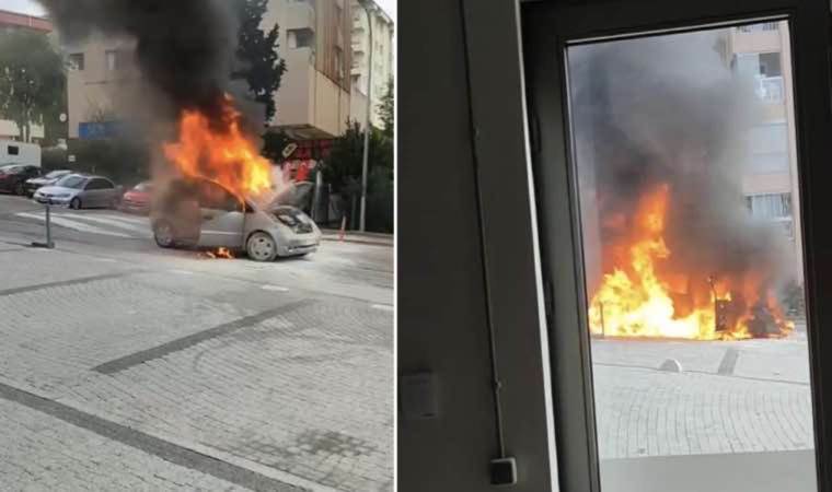 Üsküdar'da seyir halindeki otomobil alev alev yandı