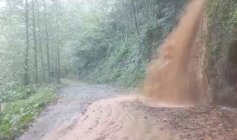 Rize'de heyelan köy yolunu kapattı: Taş duvarın yıkılma anı kamerada