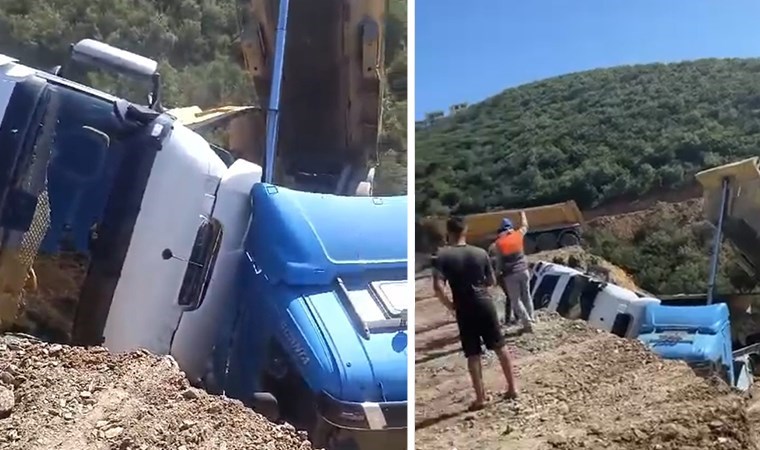 Sultangazi'de döküm sahasında toprak kaydı: 3 kamyon devrildi