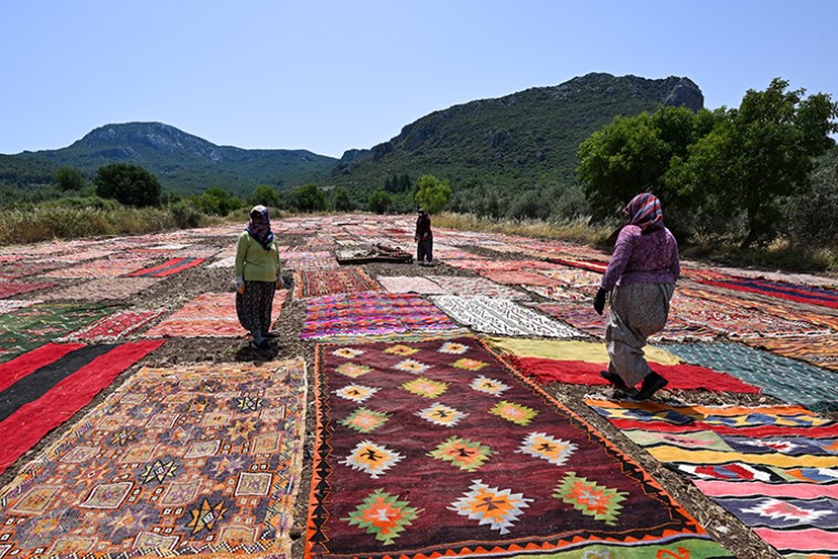 Kadın işçilerinin emekleri tarlaları süslüyor! El dokuması ve halılar pastelleşme için serildi