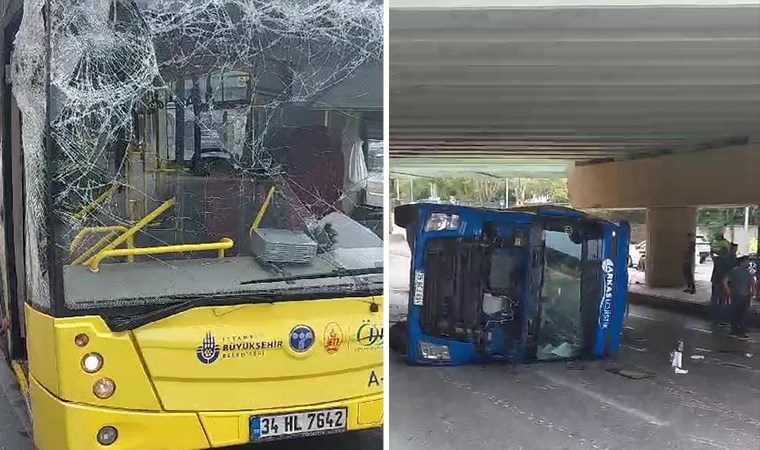 Bakırköy'de alt geçide çarpan TIR, İETT otobüsünün üzerine devrildi!