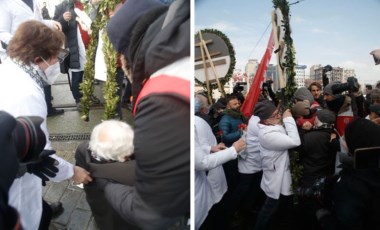 Taksim Meydanı'na çelenk bırakmak isteyen İstanbul Tabip Odası üyelerine polis müdahalesi: 'Bu ne rezilliktir ya! Utan Erdoğan!'