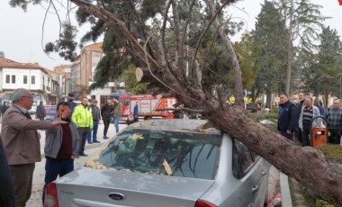 Çorum'da fırtına; devrilen ağaç otomobilin üzerine düştü