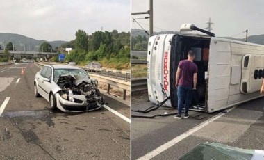 Otomobilin çarptığı işçi servisi devrildi: Çok sayıda yaralı!