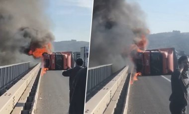 Otobanda kaza yapan tır alevlere teslim oldu