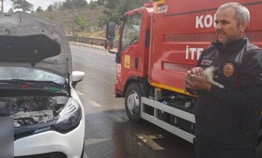 Konya’da otomobilin motoruna sıkışan kedi kurtarıldı