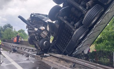 Köprüde asılı kalan TIR'ın şoförü yaralandı: 6 büyükbaş öldü