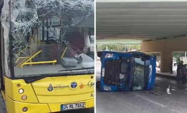 Bakırköy'de alt geçide çarpan TIR, İETT otobüsünün üzerine devrildi!