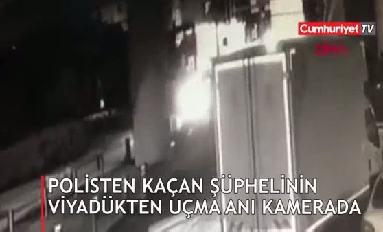 Polisten kaçan şüphelilerin viyadükten uçma anı