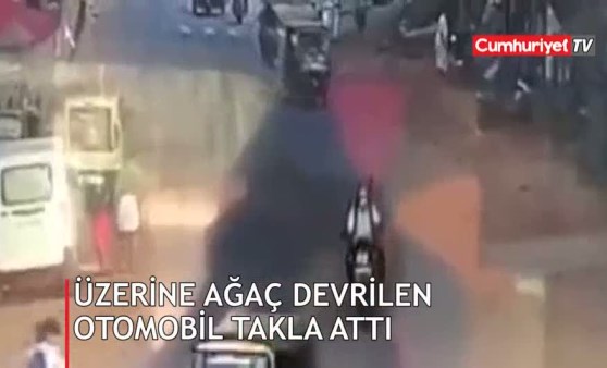 Üzerine ağaç devrilen otomobil takla attı