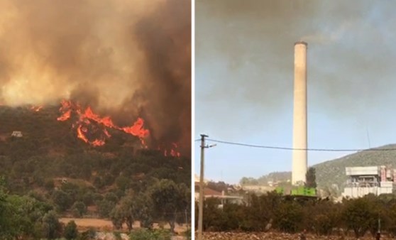 Kemerköy Termik Santrali'ne yaklaşan yangın böyle görüntülendi