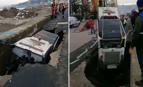 Rize'de sahildeki yürüyüş yolunda göçük; belediye aracı çukura düştü