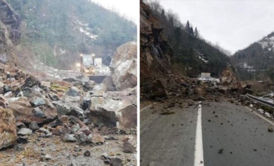 Rize'de heyelan; düşen kayalar yolu kapattı