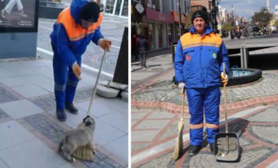 Temizlik işçisinin yavru köpekle oynadığı anlar, sosyal medyada ilgi gördü